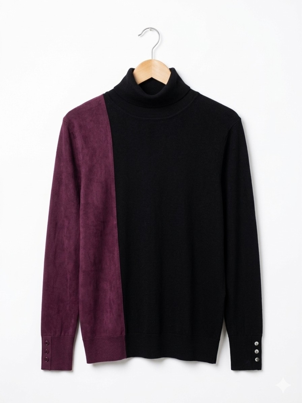 Chico's Black Turtleneck Sweater with Plum Contrast Sleeve